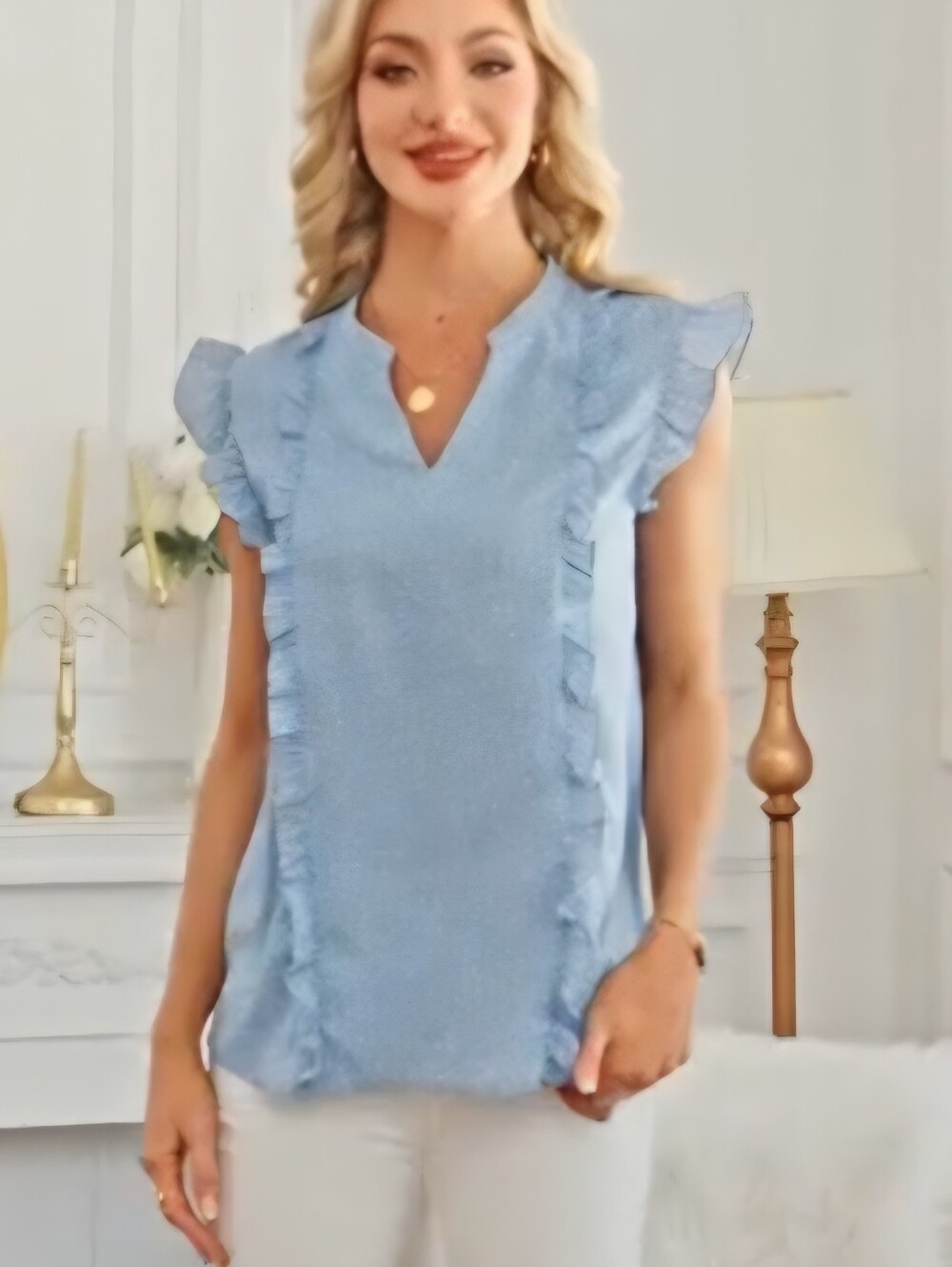 Timeson Light Blue Ruffle Split-Neck Blouse